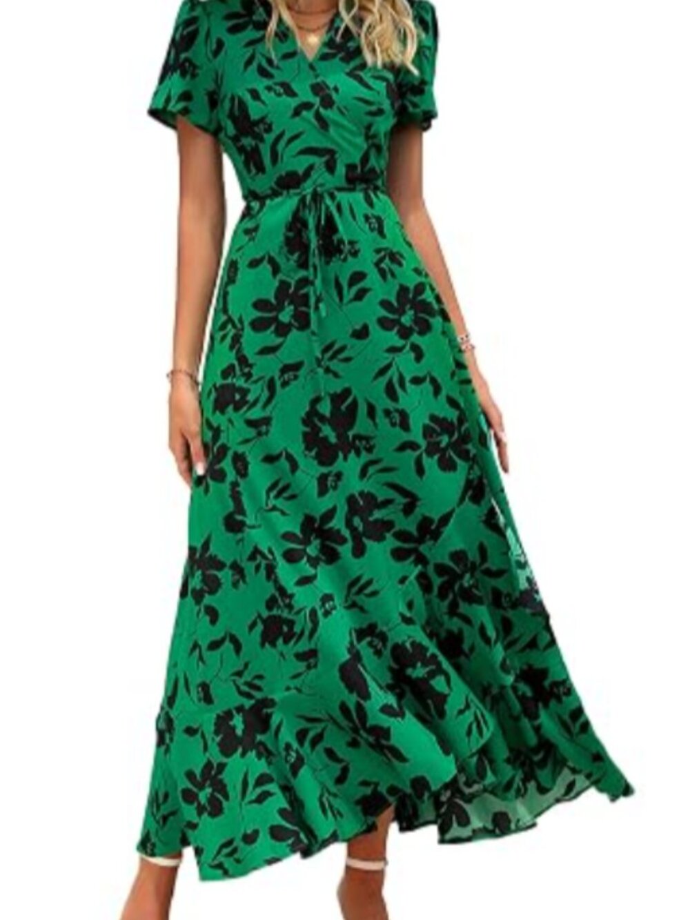 PRETTYGARDEN Green Black Floral Wrap Maxi Dress Short Sleeve Ruffle Hem Size XL